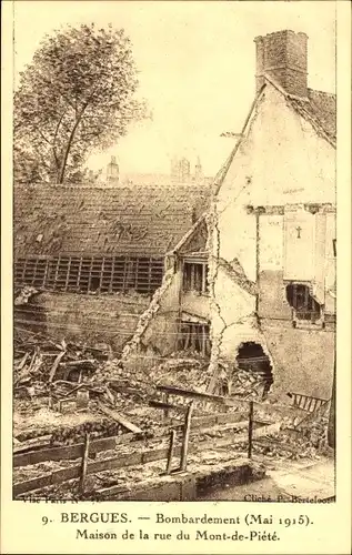 Ak Bergues-Nord, Rue du Mont de Piété, Haus, Bombenanschlag Mai 1915