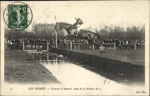 Ak Paris XVI Passy Auteuil, Sport, Auteuil-Rennen, Saut de la Riviere du 8