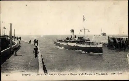 Ak Dieppe Seine-Maritime, Einfahrt des Dampfers Sussex in den Hafen