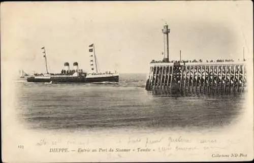 Ak Dieppe Seine-Maritime, Einfahrt in den Hafen des Dampfers Tamise