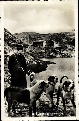 Ak Évian les Bains Haute Savoie, Geistlicher mit drei Bernhardinern