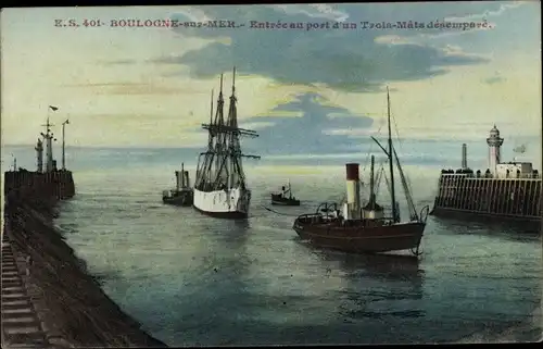 Ak Boulogne sur Mer Pas de Calais, Segelschiff wird in den Hafen geschleppt, Leuchtturm