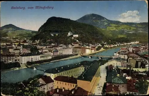 Ak Salzburg in Österreich, Mönchsberg, Salzach, Brücke