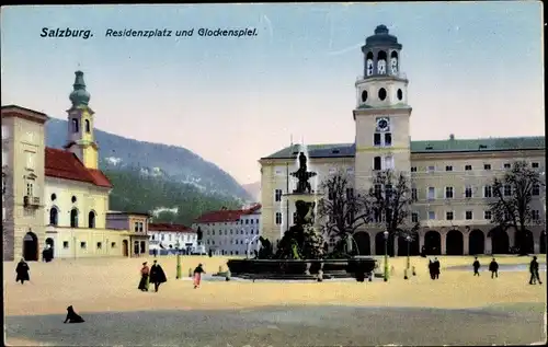 Ak Salzburg in Österreich, Residenzplatz, Glockenspiel, Springbrunnen