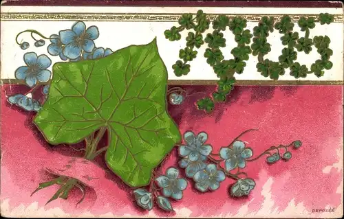 Präge Litho Glückwunsch Neujahr 1905, Efeu, Glücksklee, Blumen