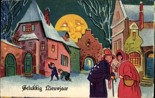 Ak Glückwunsch Neujahr, Jungen werfen Schneebälle auf zwei Frauen