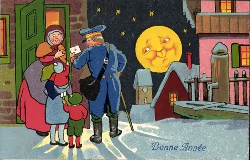 Ak Glückwunsch Neujahr, Postbote mit Brief, Familie, Winterlandschaft