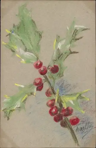 Handgemalt Ak Stechpalmenzweig mit Beeren