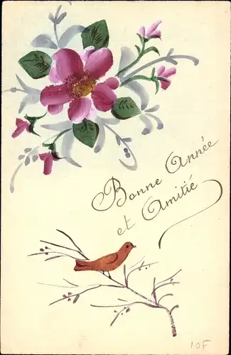 Handgemalt Ak Glückwunsch Neujahr, Rosa Blüten, Vogel