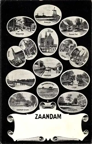Ak Zaandam Zaanstad Nordholland, Kirche, Kathedrale, Papenpad, Mühle, Stationsplein