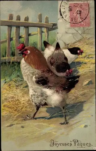 Präge Ak Glückwunsch Ostern, Hühner, Hahn, Bauernhof