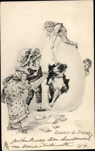 Litho Glückwunsch Ostern, Kinder, Hund im Osterei