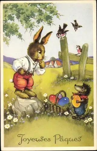 Ak Glückwunsch Ostern, Osterhase und Igel, Handel, Ostereier