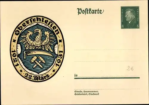 Ganzsachen Ak Oberschlesien, 22. März, 1921 bis 1931, Wappen, 8 Pfennig