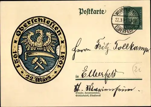Ganzsachen Ak Oberschlesien, 22. März, 1921 bis 1931, Wappen, 8 Pfennig