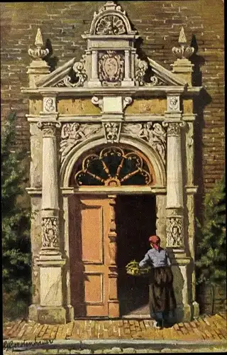 Künstler Ak Gerstenhauer, Johann Georg, niederländisches Motiv, Gebäudeportal, Frau in Tracht