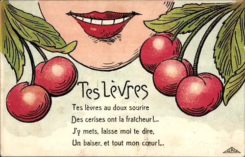 Ak Rote Lippen und rote Kirschen