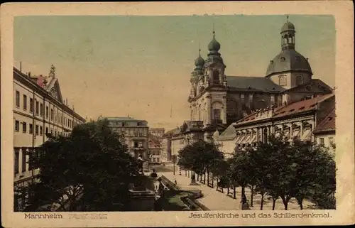 Ak Mannheim in Baden, Jesuitenkirche, Schillerdenkmal