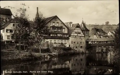 Ak Schwäbisch Hall in Württemberg, roter Steg, Fachwerkhaus, Brücke