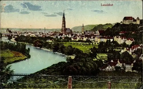 Ak Landshut in Niederbayern, Panorama, Eisenbahnbrücke