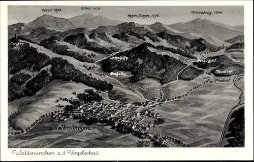 Ak Waldmünchen im Oberpfälzer Wald Bayern, Vogelschau, Osser, Neuhütte, Unterhütte