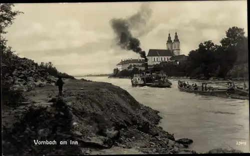 Ak Vornbach Neuhaus am Inn, Dampfschiff, Boot, Kirche