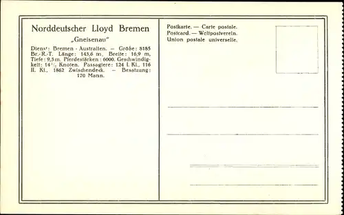 Ak Reichspost-Dampfer Gneisenau, Norddeutscher Lloyd Bremen