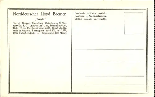 Ak Reichspostdampfer Yorck, Norddeutscher Lloyd Bremen