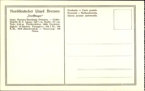 Ak Norddeutscher Lloyd Bremen, Reichspostdampfer Derfflinger, Dampfschiff