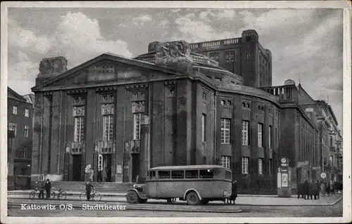 Ak Katowice Kattowitz Oberschlesien, Stadttheater, Bus