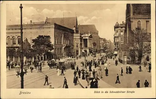 Ak Wrocław Breslau Schlesien, Schweidnitzer Straße, Straßenbahn