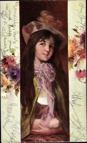 Künstler Ak Portrait einer Frau mit Hut, Blumen