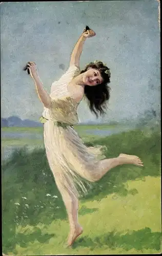 Künstler Ak Hering, Adolf, Frühling, junge Frau mit Kastagnetten auf einer Wiese