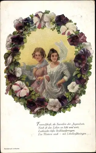 Passepartout Ak Zwei junge Frauen, Blumen