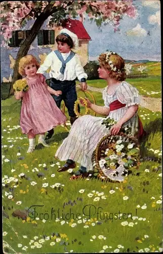 Künstler Ak Glückwunsch Pfingsten, Junge im Matrosenanzug und zwei Mädchen auf einer Frühlingswiese