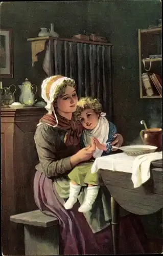 Künstler Ak Meyer v. Bremen, Tischgebet, Mutter mit Kind, Stengel