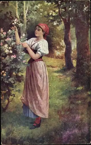 Künstler Ak Jandl, Frühlingsblüten, Frau mit rotem Kopftuch