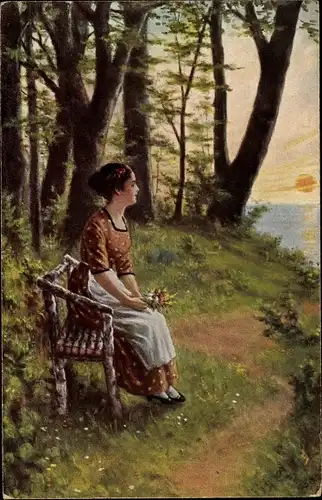 Künstler Ak De Witt, R., Abendfrieden, Frau auf einer Bank am Waldrand