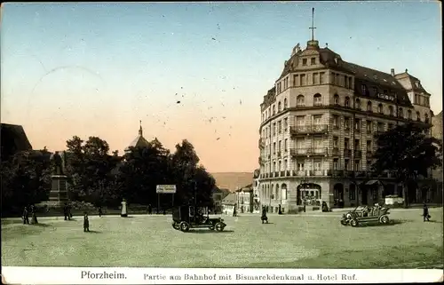 Ak Pforzheim im Schwarzwald, Partie am Bahnhof mit Bismarck Denkmal, Hotel RUf