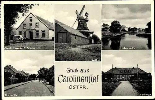 Ak Nordseebad Carolinensiel Wittmund in Ostfriesland, Gemischtwaren C. Schulte, Mühle, Herberge