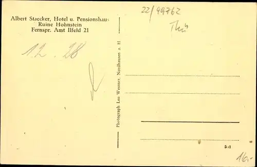 Ak Neustadt Südharz, Ruine Hohnstein, Hotel und Pensionshaus Inh. Albert Staecker