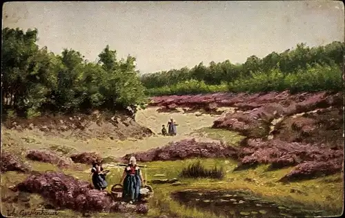 Künstler Ak Gerstenhauer, J. G., niederländisches Motiv, Heidelandschaft, Wasserträgerin in Tracht