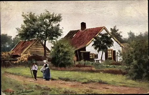 Künstler Ak Gerstenhauer, Johann Georg, niederländisches Dorfmotiv, Bauernhaus, Bauern