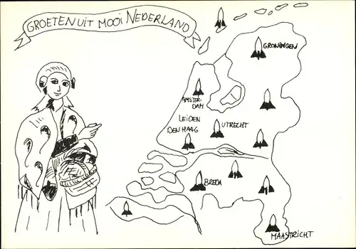 Landkarten Ak Mooi Drenthe Niederlande, Frau in Tracht, Raketen, Maastricht, Groningen, Leiden