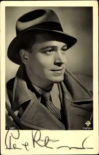 Ak Schauspieler Paul Klinger, Portrait, Hut, Autogramm