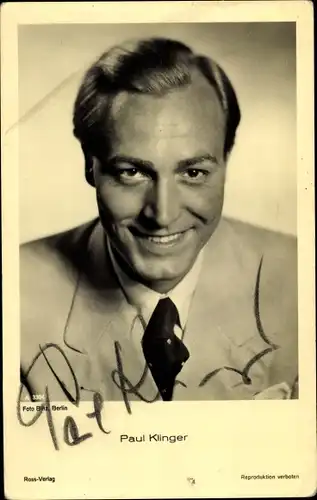 Ak Schauspieler Paul Klinger, Ross Verlag, A 3304, Portrait, Autogramm