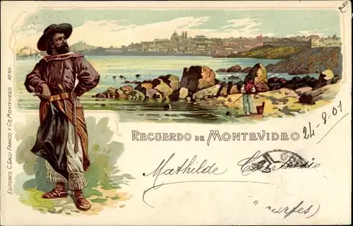 Litho Montevideo Uruguay, Gesamtansicht, Mann in Tracht