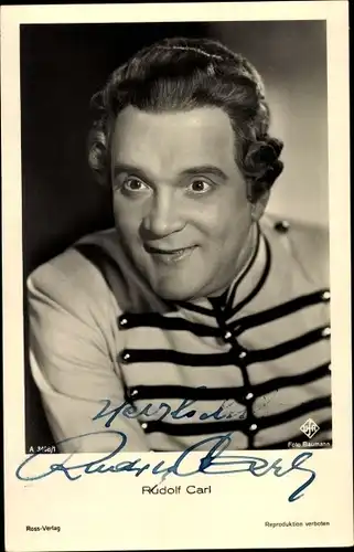 Ak Schauspieler Rudolf Carl, Portrait, Ufa Film, Ross Verlag A 3408 1, Autogramm