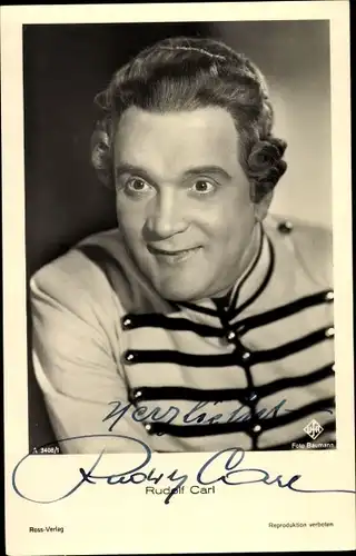 Ak Schauspieler Rudolf Carl, Portrait, Ufa Film, Ross Verlag A 3408 1, Autogramm
