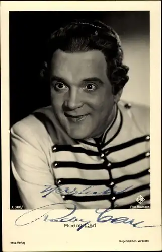 Ak Schauspieler Rudolf Carl, Portrait, Ufa Film, Ross Verlag A 3408 1, Autogramm